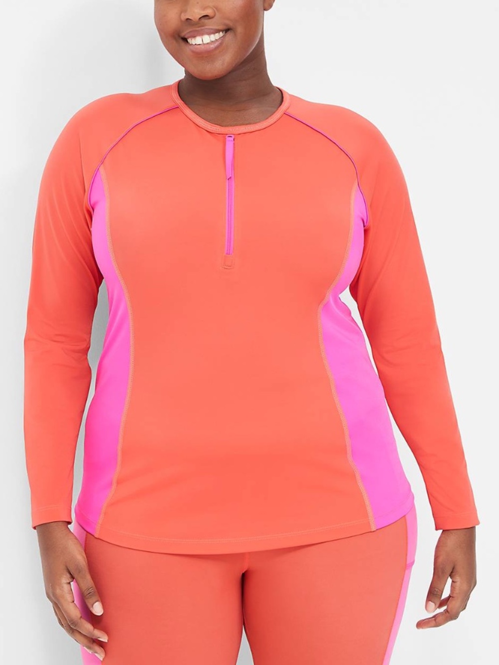 Lane Bryant - Long-Sleeve Swim Rash Guard Pink Coral Orange Zip Top - 22 / 3X